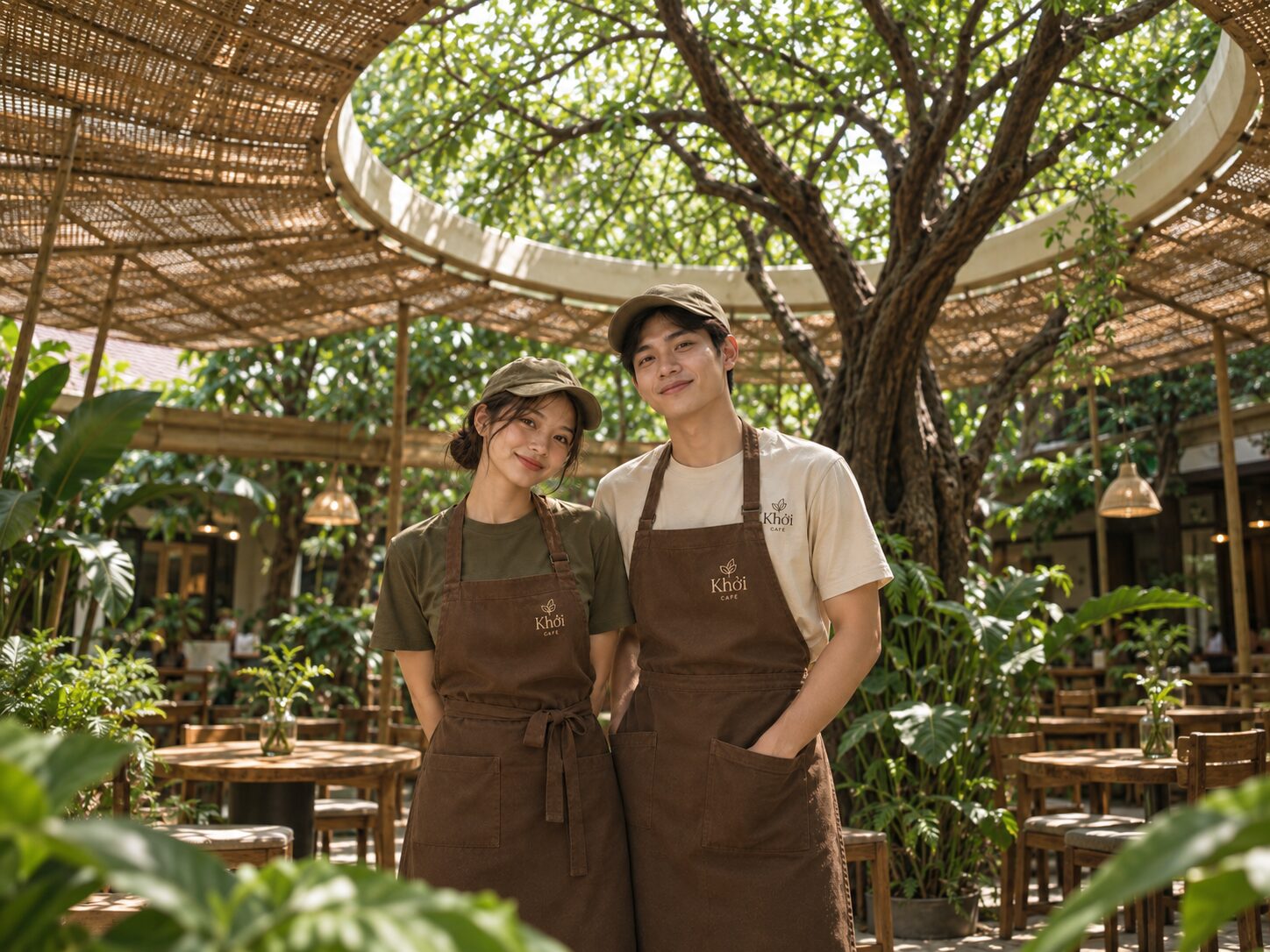 Hai nhân viên của Khởi trong tạp dề nâu in logo quán, đứng giữa khu vườn dưới mái tre đan có ô tròn lấy sáng mở quanh một cây lớn.
